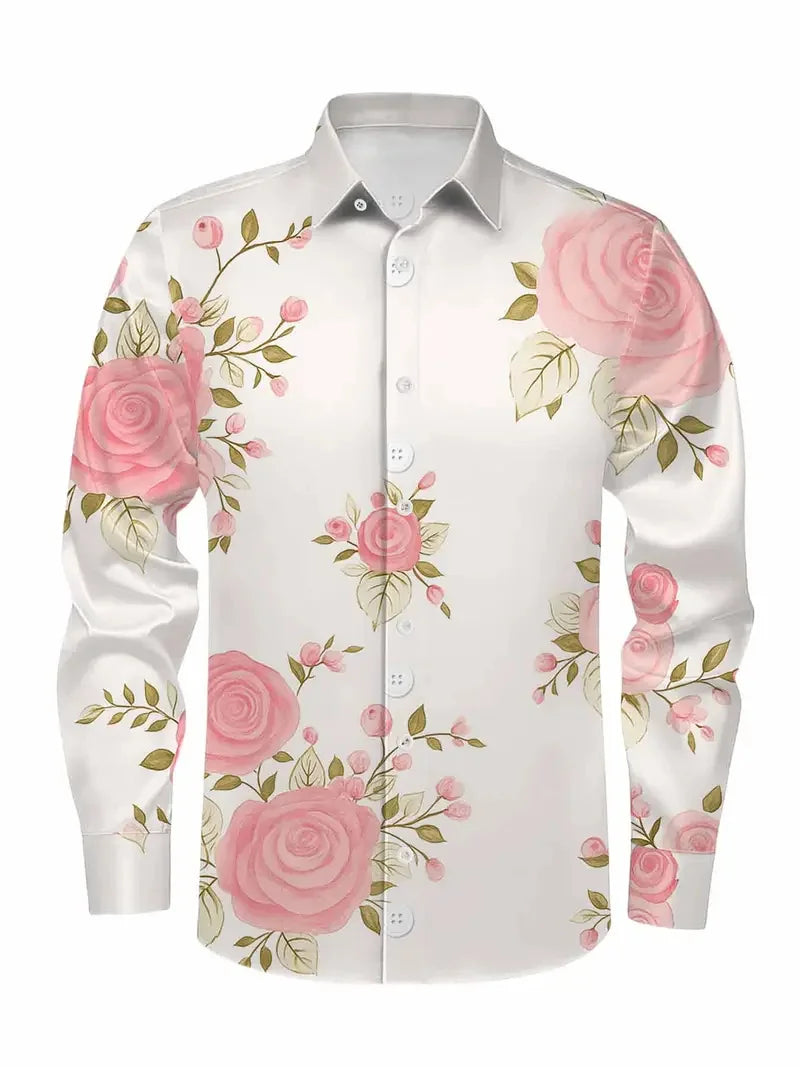 New men's 3D reindeer print shirt men's long sleeved shirt casual button loose top ethnic retro collar shirt