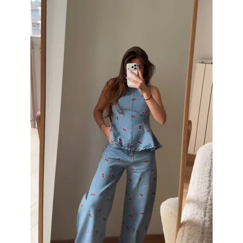 Denim Printed Pants 2 Piece Set Women Elegant Round Neck Sleeveless Vests Slim Long Pant Suits 2026 Lady Daily Street Outfit New