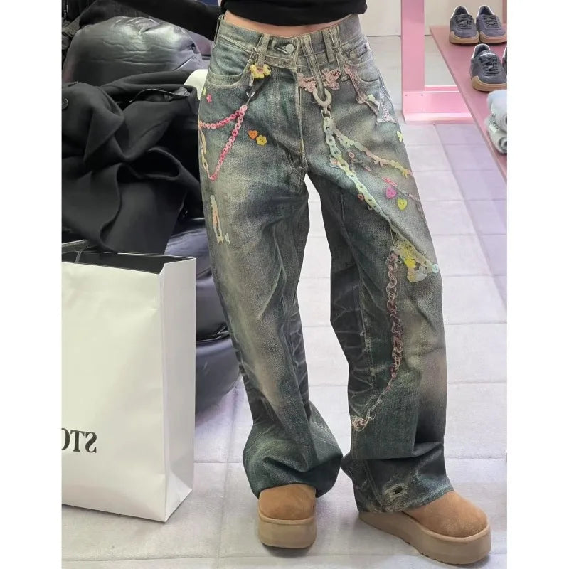Summer American Retro Low Waist Wide Leg Women's Jeans Loose Drapey Tall Extended Length Hot Girls Korean Fashion Y2k Style Pant