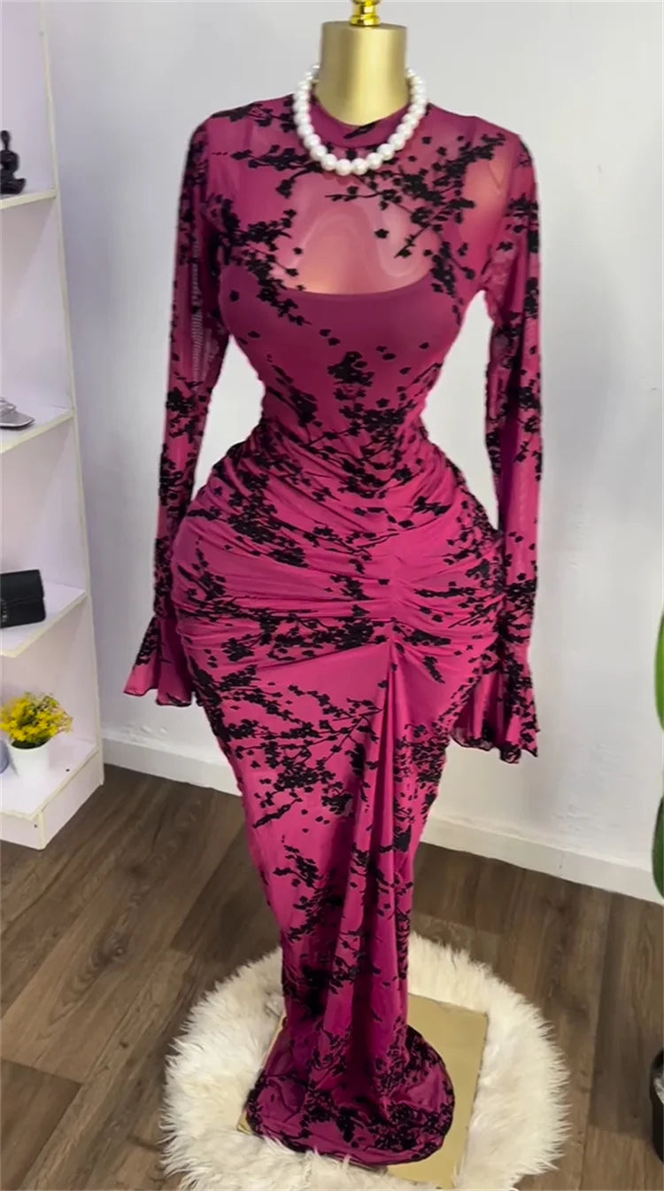 CM.YAYA 2025 Women Long Sleeve Ruched Mesh See Though with Lining Bodycon Long Dress Fall Evening Birthday Sexy Party Dresses
