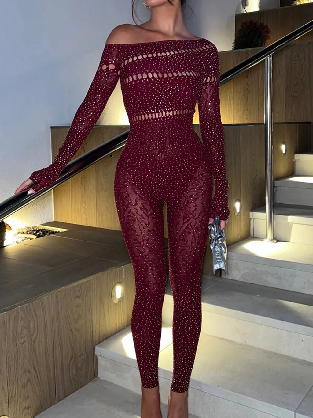 Sexy Long Sleeve Rhinestone Bodycon Jumpsuit Women Body Bodysuit Birthday Party Club Hollow Out Outfits Womens Jumpsuits Overall