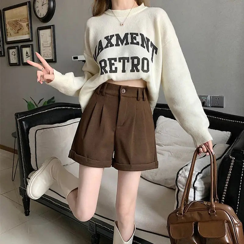 Women Office Lady Summer 2025 Solid Brown Thick High Waist Shorts Korean Style Wide Leg Boot Pants