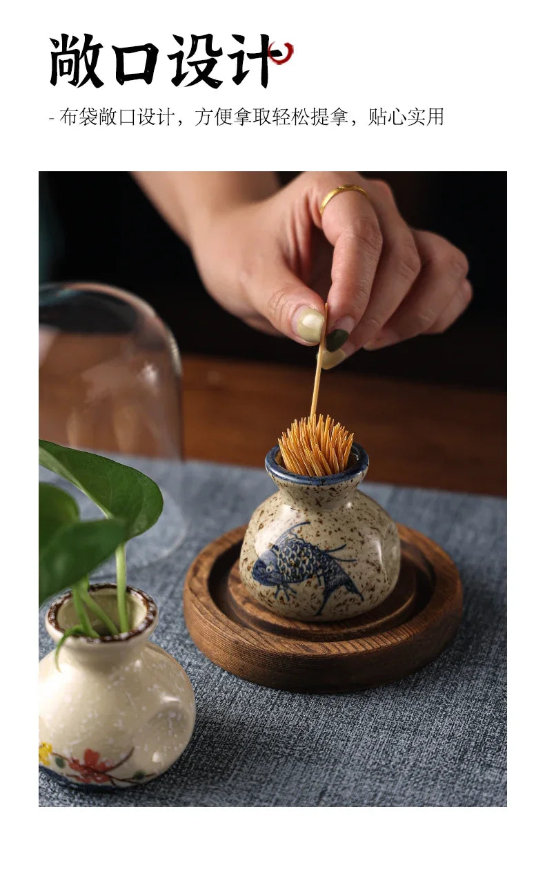 Japanese Retro Toothpick Box Home Toothpick Cotton Swabs Jar Ceramic Pot Glass Dust Cover Modern Exquisite Decoration Modern