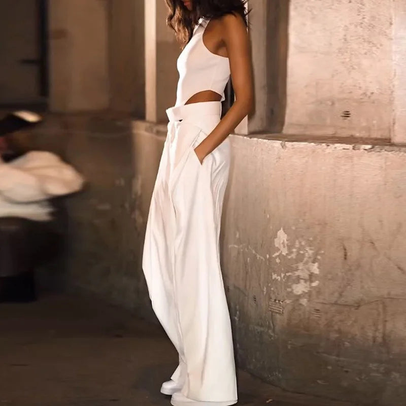 Chic Design Style Hollow Out White Jumpsuits Sexy Slim High Waisted Wide Leg Playsuits Elegant O Collar Sleeveless Pocket Romper
