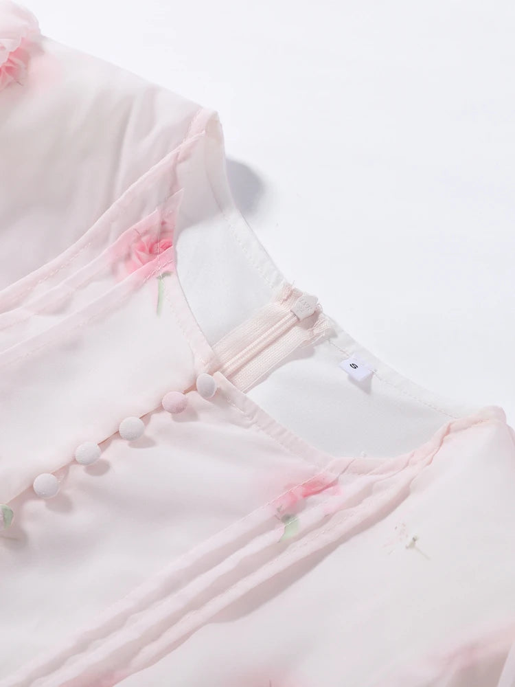 Women Rose Print Dress Puff Long Sleeve Mini Dress Sheer Mesh Ruffle Hem Button Front Fairy Party Short Dresses Summer Wear