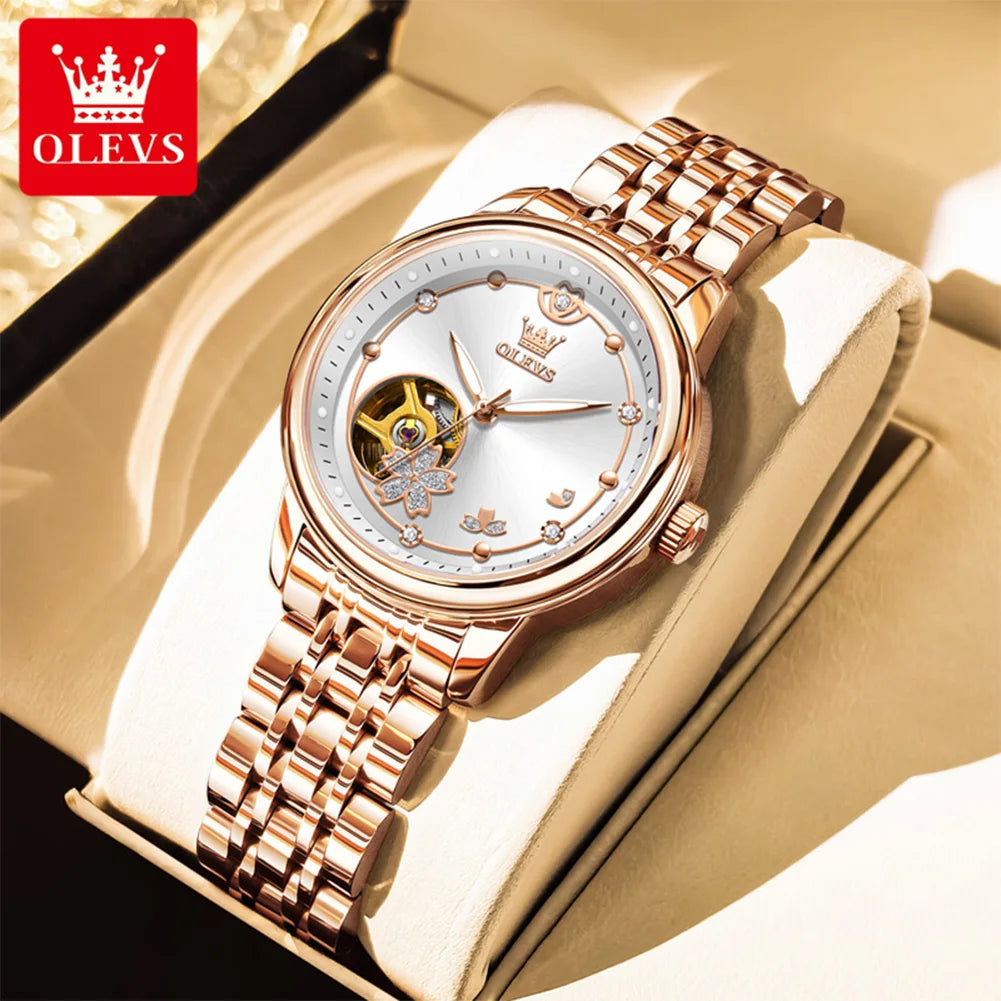 OLEVS 6732 Women's Watches Elegant Rose Gold Stainless Steel Hollowed Diamond Dial Automatic Mechancial Watch Gift Box for Women