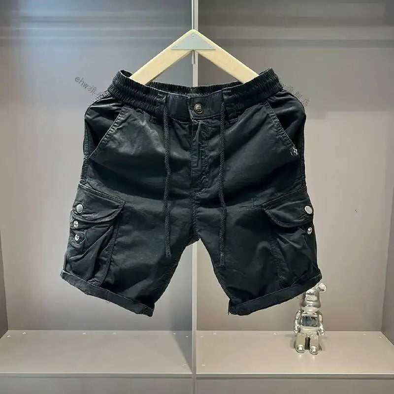 Summer Men's Drawstring Elastic Waist Cargo Shorts Casual Multi-Pocket Loose Elastic Cotton Five-Point Mid-Length Short Pants