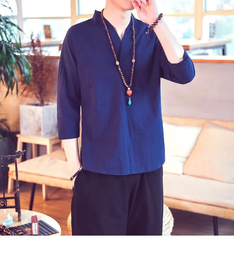 Summer Kimono Japanese Style Short Sleeve Men New Half-sleeved Cotton Linen Breathable Men Clothing T-shirt Japanese Yukata Tops