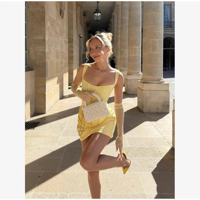 Women Sexy Square-neck Halter Mini Dress 2025 Pleated Sleeveless Backless High Waist Bodycon Dresses New Summer Lady Party Gowns