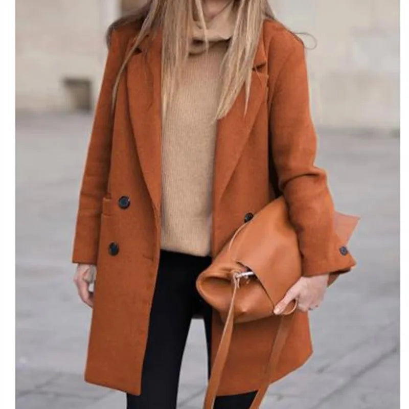 Wool Blends Winter Women's Jacket Lining Elegant Lapel Coat Double Breasted Minimalist Street Women's Jackets