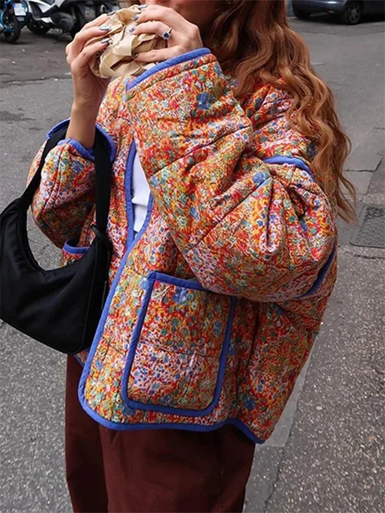 Womens Fall Winter Jackets Floral Print Stand Collar Open Front Quilted Coat Long Sleeve Padded Outerwear Vintage Casual