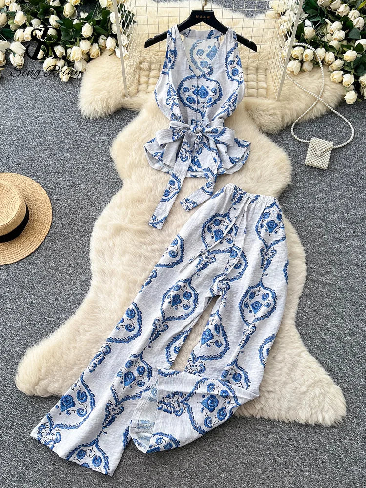 SINGREINY Boho Print Vacation Suits Summer 2026 Sleeveless Lace Up Tank Top+Loose Wide Leg Pant Chic Lazy Casual Women 2pcs Sets