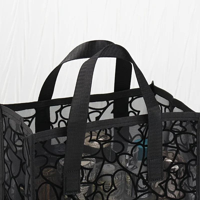 Black Mesh Heart Pattern Tote Bag - Light,Breathable for Travel & Beach with Double Handles, Makeup Storage, Oversized Beach Bag