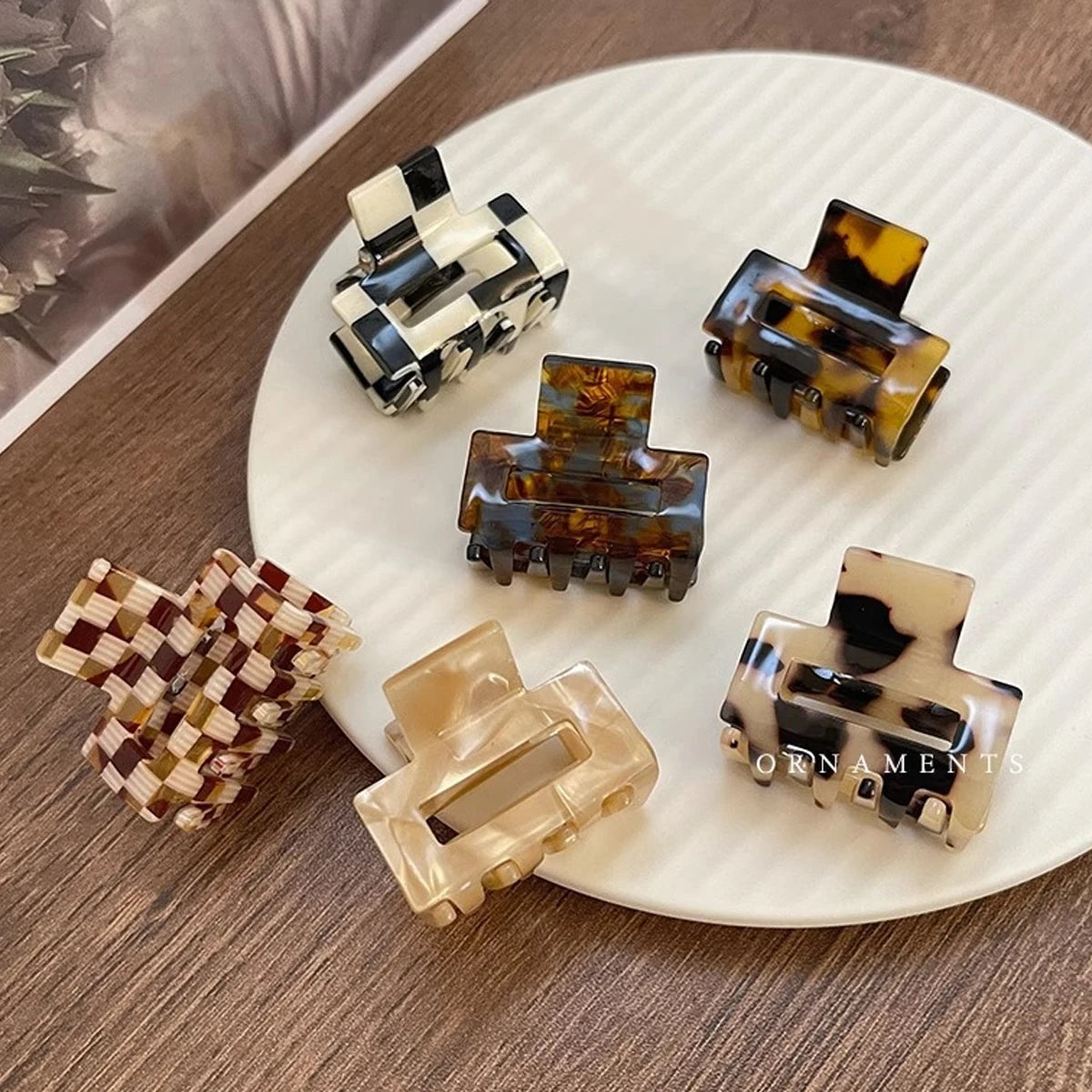1pc acetate leopard print checkerboard plaid hairpin, classic and daily grab clip, small square high ponytail hair claw