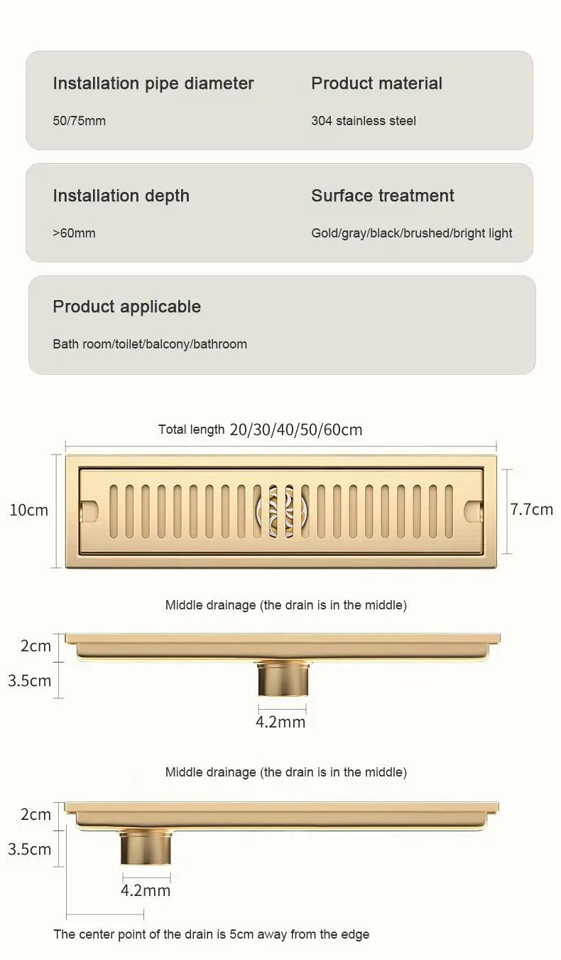 20/30/40/50/60cm Stainless Steel Shower Floor Drain Bathroom Rectangle Linear Floor Drainage Floor Drain with Strainer Covern