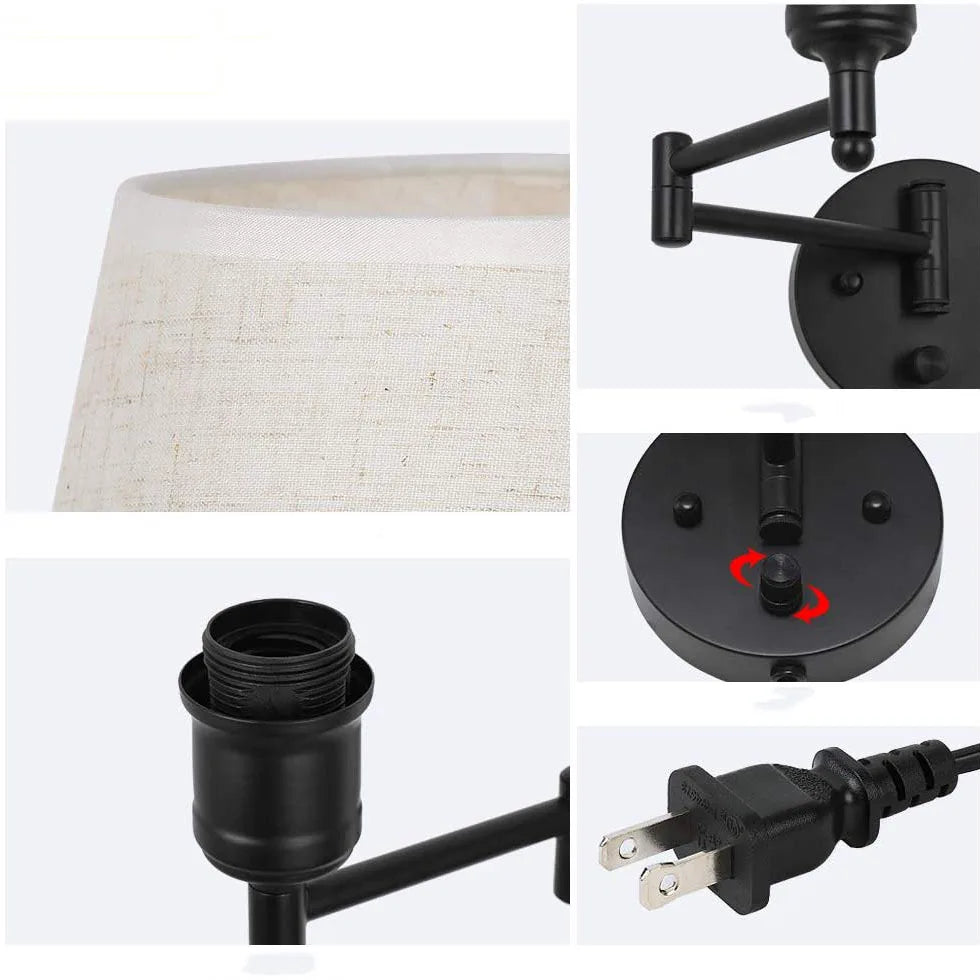 LED American Wall Lamp Folding Swing Arm US EU Plug Switch Fabric Bedroom Bedside Living Room Study Stairway Aisle Plug Light