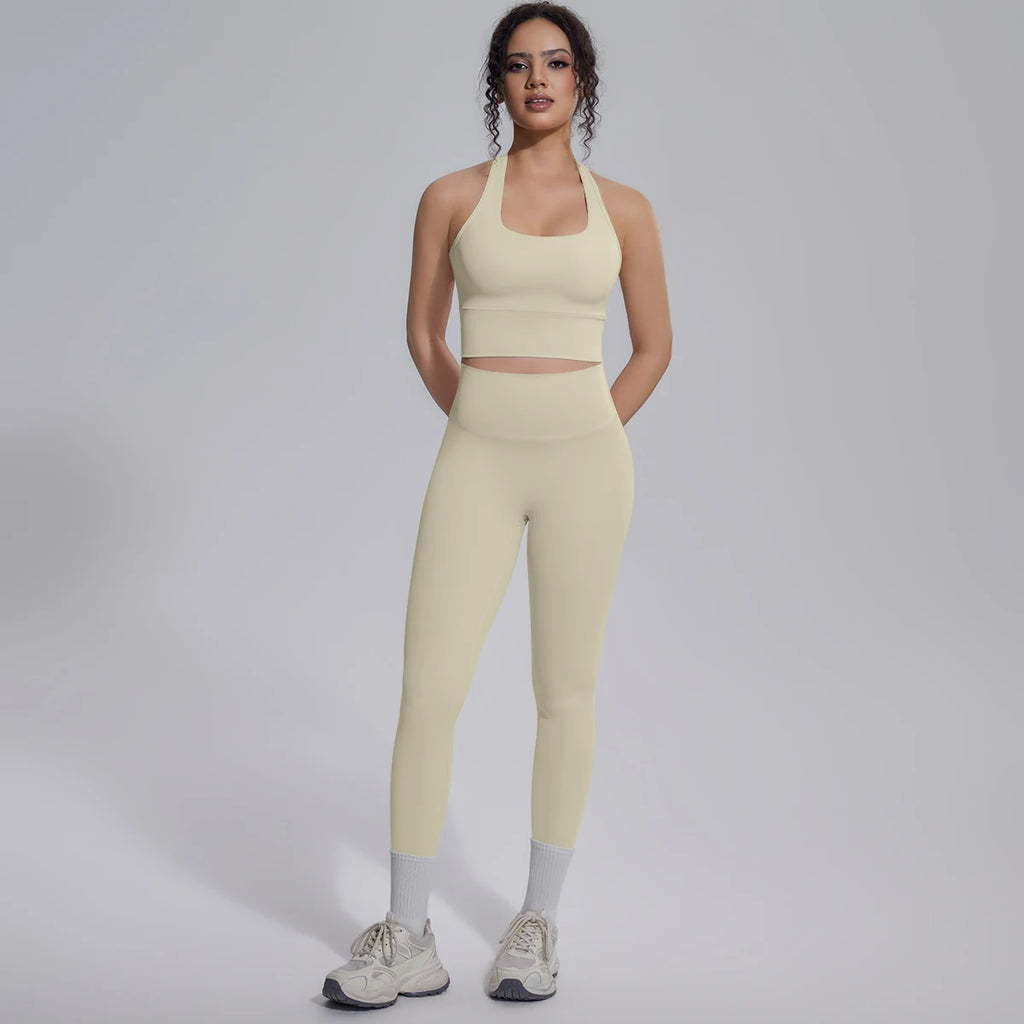 Rooftrellen New Women's Two-piece Set Fitness Sports Solid Color Yoga Set Summer Quick Drying Legging Pants Gather I-shaped Vest