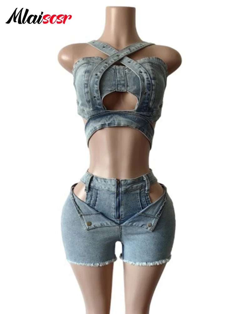 Mlaiscsr Denim 2 Piece Set Women Jeans Suits Sexy Hollow Out Bandage Tank Crop Tops and Shorts Beach Party Y2K Night CLubwear