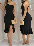 Women's Spring/Autumn Solid Color Elegant and Sexy Vacation Off-Shoulder Cold-Shoulder Backless Ruffle Asymmetrical Hem Low Slit
