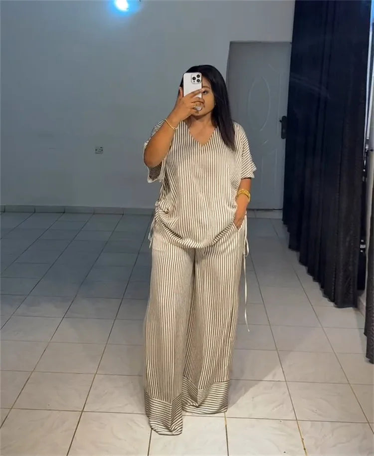 Pant Set Women Two Piece Sets V Neck Short Sleeve Drawstring Shirt Striped Wide Leg Long Pants Elastic Waist Y2k Streetwear 2026