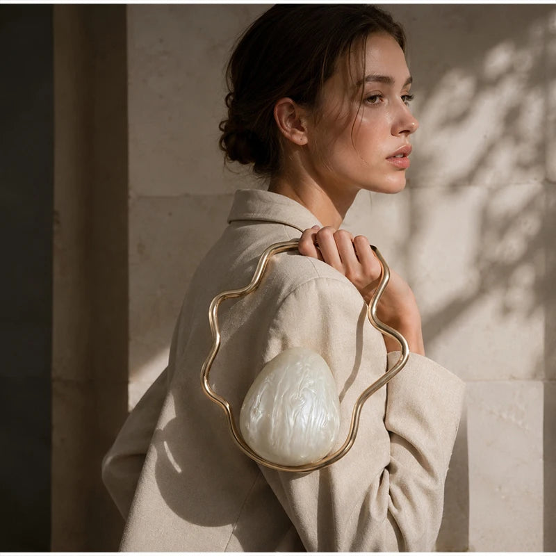 Egg Shape Acrylic Iron Box Handbag,Women Irregular Metal Frame Evening Bag,Luxury Wedding Elegant Party White Clutch Purse