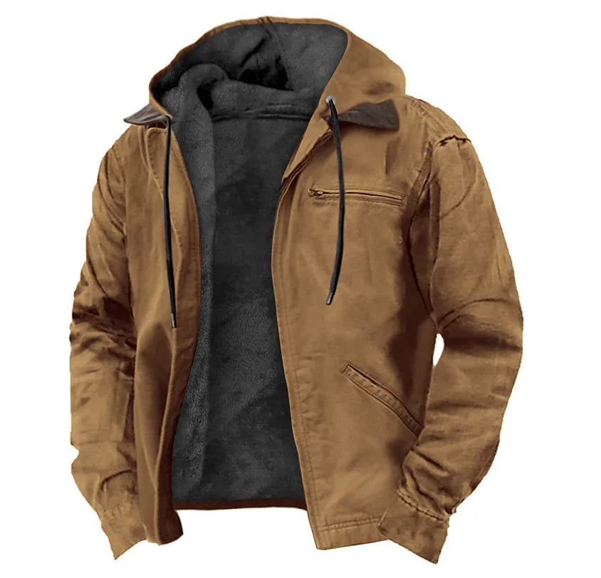 Winter New Men Casual Jackets Hooded Zipper Pocket Fashion Solid Color Fleece Warm Outerwear Male Outdoor Hooded Hoodie Coats