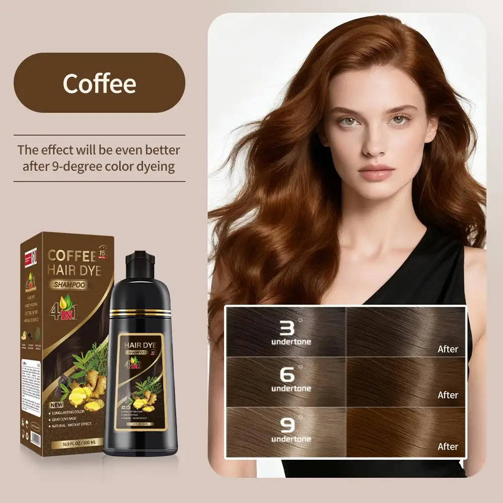 Black Brown Hair Dye Shampoo 500ml,4-in-1 Color Shampoo for Gray Coverage, Long-Lasting Natural Hair Coloring for Women Men