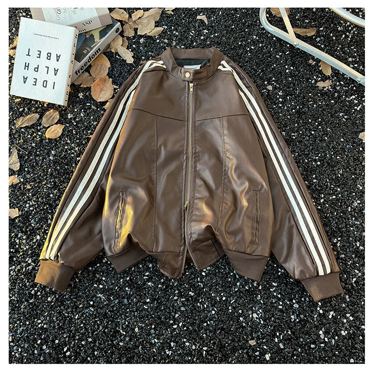 Men's Brown Leather Jacket American Retro Patchwork Striped Outerwear Youthful Style Summer Biker Coat Long Sleeve Zipper Clo...