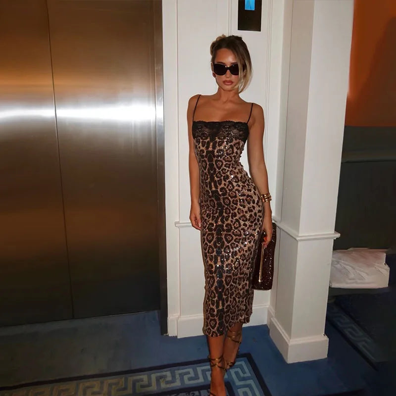 Ahagaga Sexy Women's Maxi Dress Camisole  Spring Summer  Square Neckline With Lace Trim Leopard Print Sequin Fabric Bodycon Slim