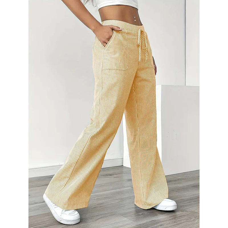 American Style Retro Vertical Stripe Drawstring Wide Leg Pants High Waist Dipping Loose Straight Casual Pants