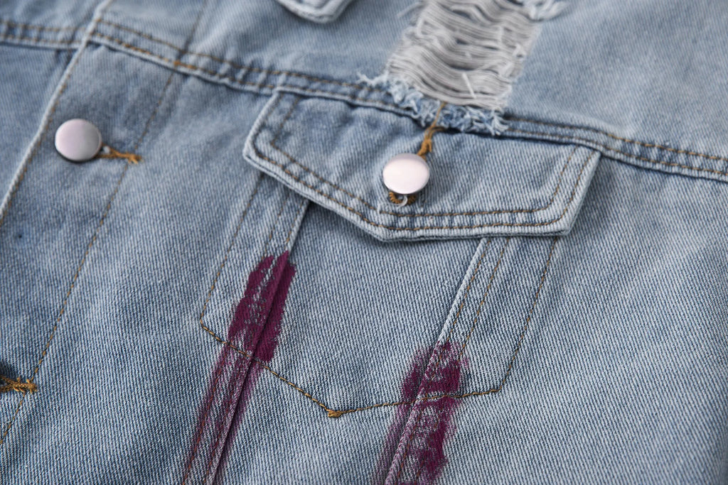 2026 Spring and Autumn American Retro Washed and Dyeed Hole Denim Jacket Men's Design Sense