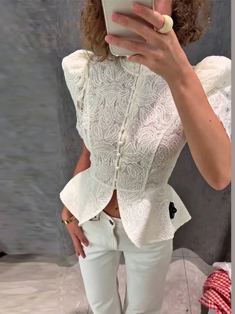 Lace Cutout Peplum Jacket Stand Collar Puff Sleeve Button Front Waist Cinched 2026 Summer Autumn Fashion Women Elegant Top