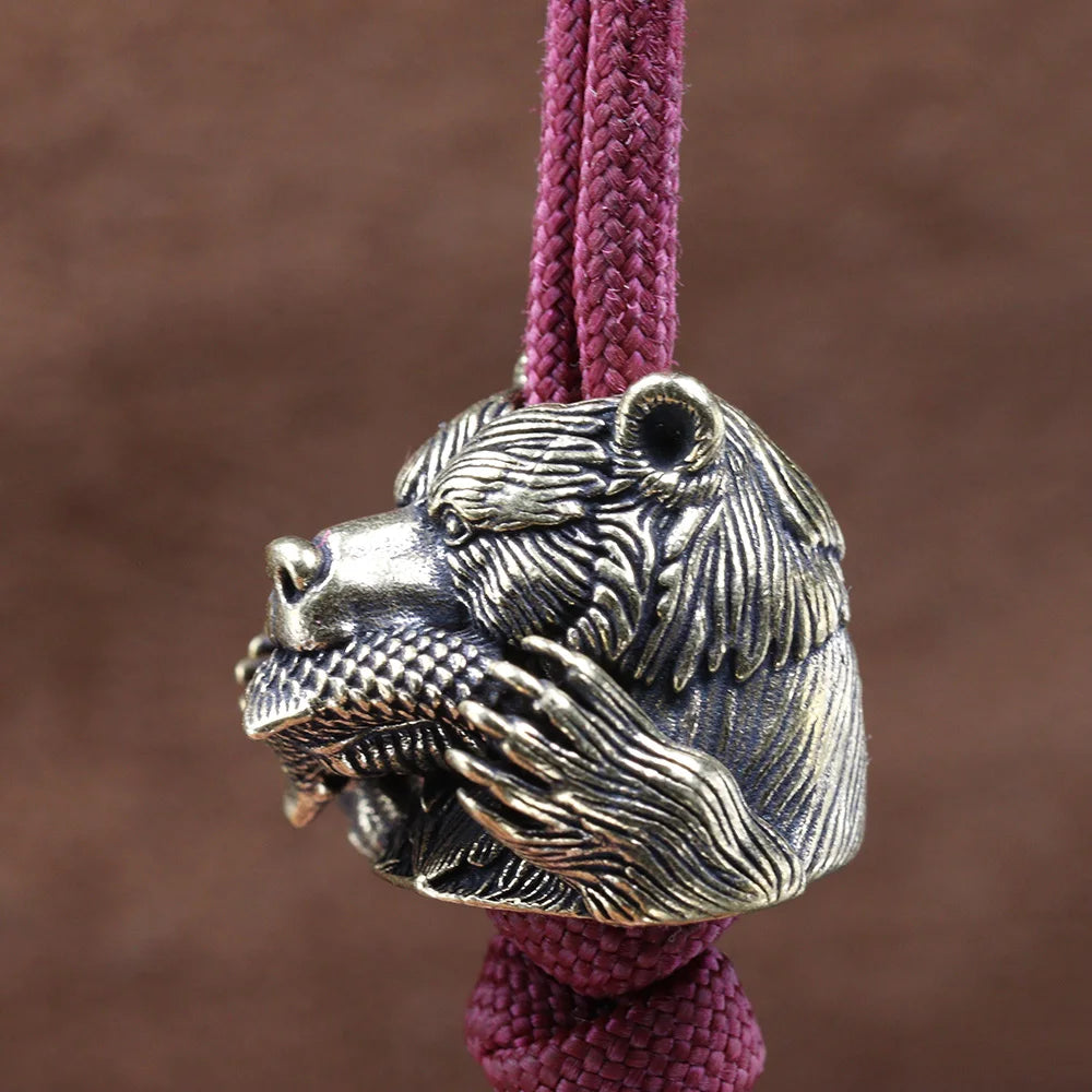 Bear With Salmon Brass Knife Beads EDC DIY Paracord Woven Bracelets Lanyard Pendants Accessories Outdoor Tools Hangings Charms
