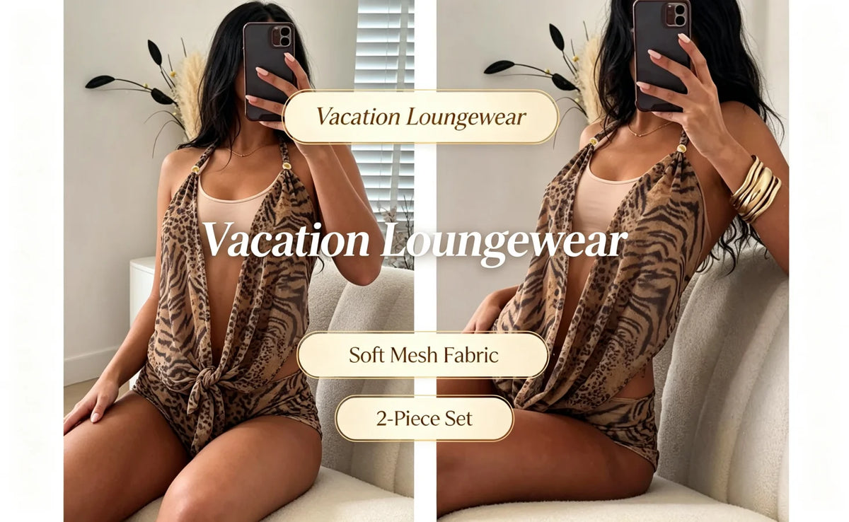 Tiger Leopard Print 2 Piece Set Women Sexy Deep V Neck Halter Backless Top and Shorts Y2K Summer Beach Vacation Outfits