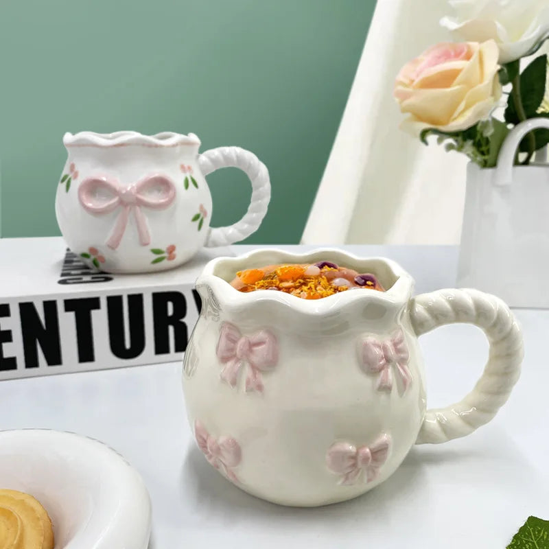 Bow Ceramic Coffee Cup Cute Handmade Ins Style Mug Drinking Water Afternoon Tea Gift Decoration Summer Dopamine Girlfriend Gift