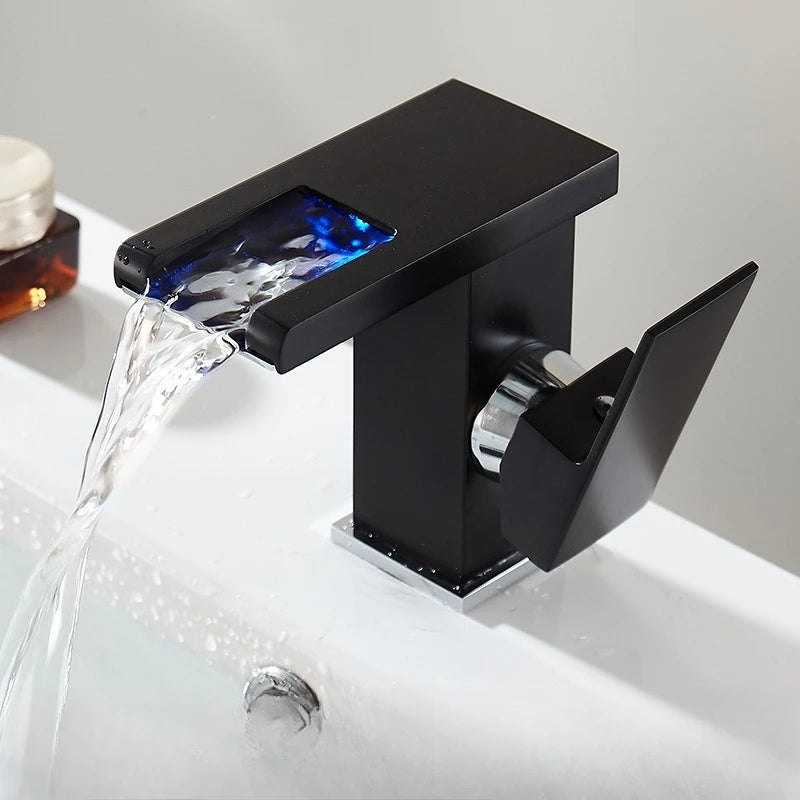 Black Bathroom Sink Faucet Single Hole Cold and Hot Water Mixing Valve Faucet 3 Colors Changing Color Changing Waterfall Faucet