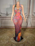 Floral Print Sexy Deep V-neck Halter Sleeveless Maxi Dress Stylish Dress Women's Backless Dress