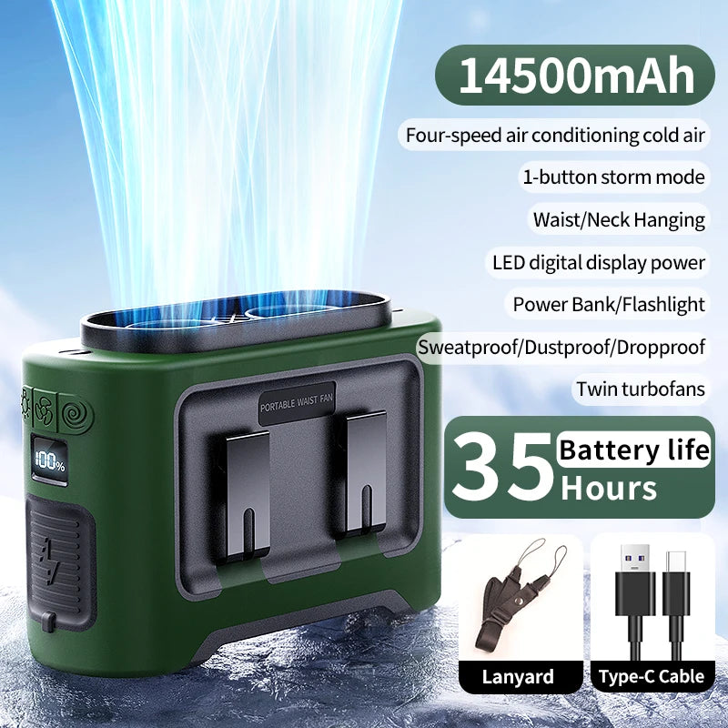 2025 New Upgrades Outdoor Portable Waist Fan Hanging Neck Fan 5 Level Strong Wind Power Bank with LED Lighting for Travel Sports