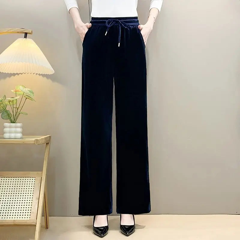 Women Drawstring High Waist Velvet Wide Leg Long Pants