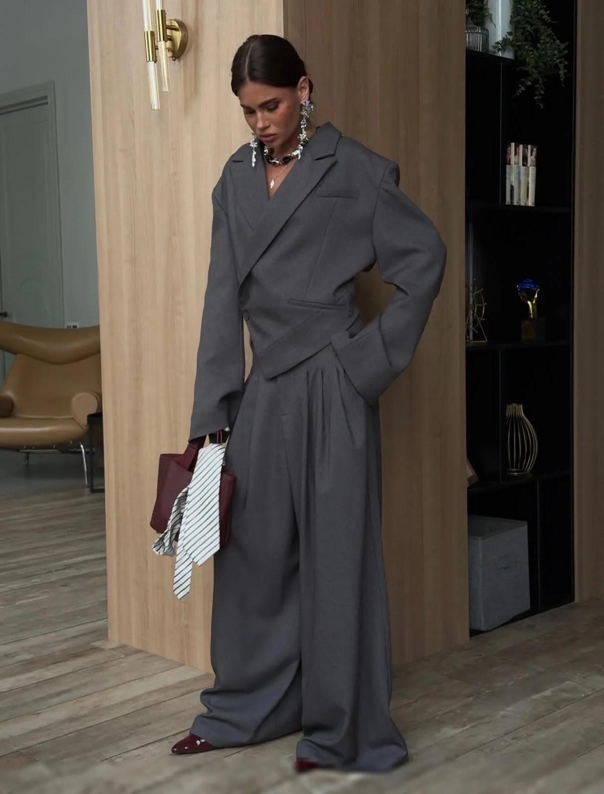 Elegant Irregular Women's Blazer Trouser Suits Single Button Lapel Full Sleeve Wide Leg Pants Lady Set 2026 2 Pieces Set Women