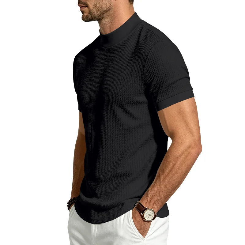 Men Summer Solid Jacquard Textured Mock Neck Short Sleeve T Shirt Slim Fit Simple Versatile Casual Daily Male Basic Tees