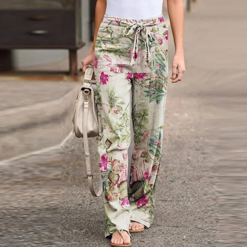 High Waist Drawstring Straight Women Pants 2024 Spring Fashion Loose Trousers Vintage Printed Casual Ladies Wide-Leg Long Pant