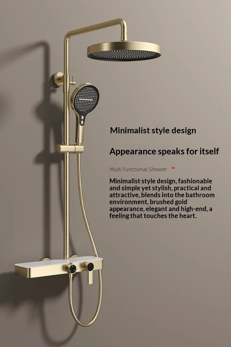 Premium All Copper Shower Set with Heated Waterway Shelf Dual Valves Hot Cold Multi Function High Pressure Shower Head Shower