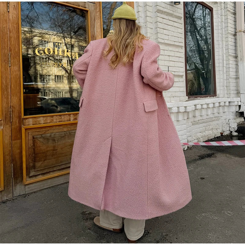 Women Olive Green Oversized Coat Notched Lapel Double Breasted Straight Outerwear Vintage Fall Winter Daily 2026 Office Outfit
