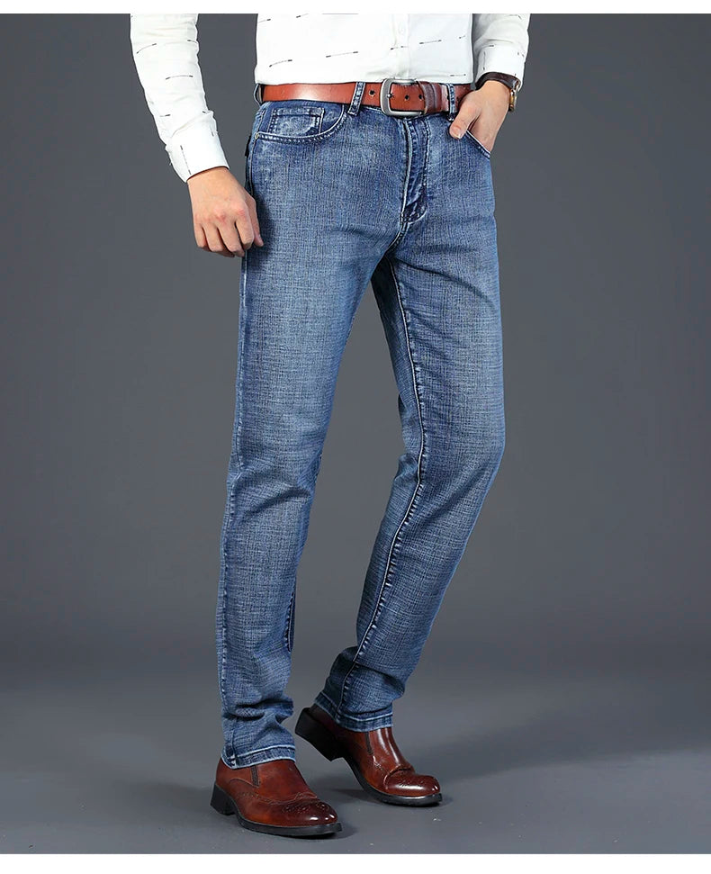 Men Fashion Straight Jeans Men 2026 New Stretch Slim Fit Pants Comfortable Soft Business Denim Trousers Male Brand Clothing