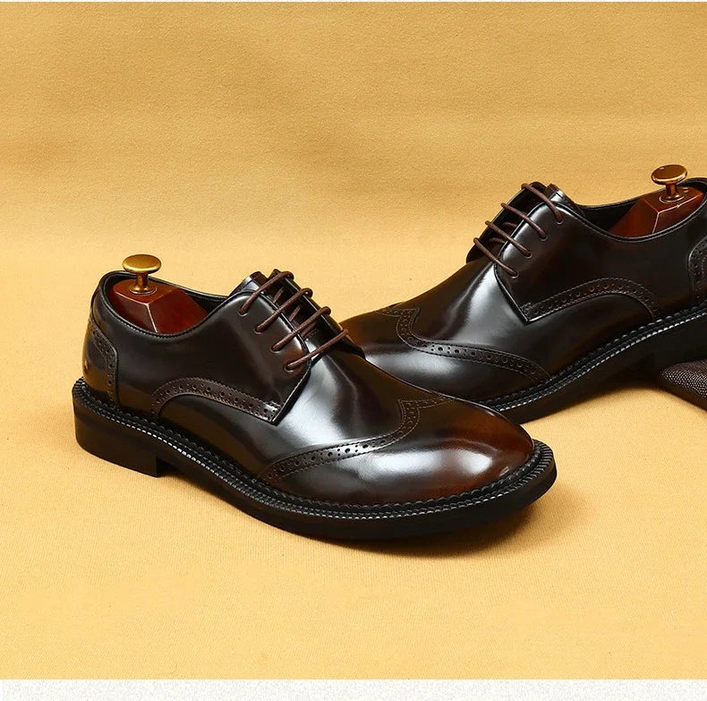 Retro Mens Dress Brogues Shoes Luxury Genuine Leather Round Toe Handmade Fashion Flat Autumn Black Wedding Social Shoes Man 2025