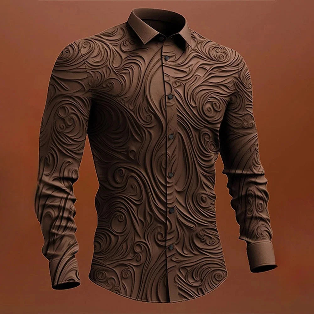 Versatile And Elegant Men's Elastic Face Printed Shirt Casual Lapel,easy To Care For Spring And Fall, Perfect For Every Occasion