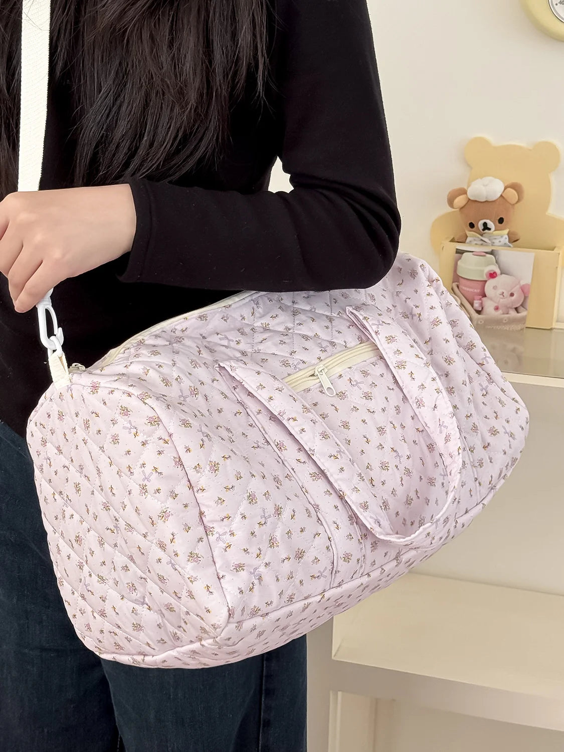 YT large-capacity lightweight luggage bag, hand-held crossbody Boston bag, small floral quilted travel bag, ins style