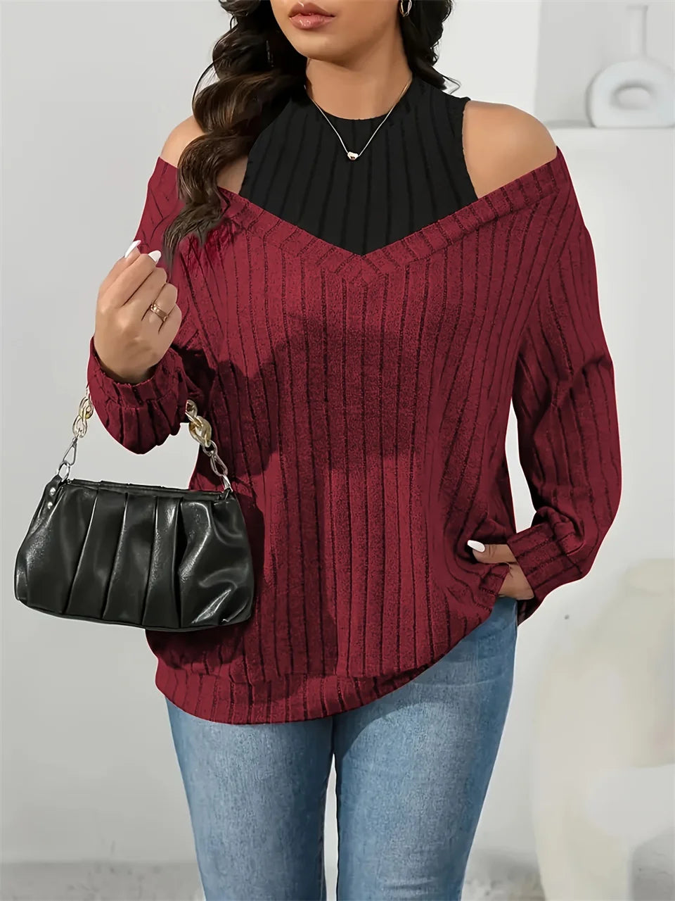 GIBSIE Plus Size Cold Shoulder 2 In 1 Rib-knit Tee Women 2025 Spring Fall Casual Loose O-Neck Long Sleeve T-Shirts Top Female