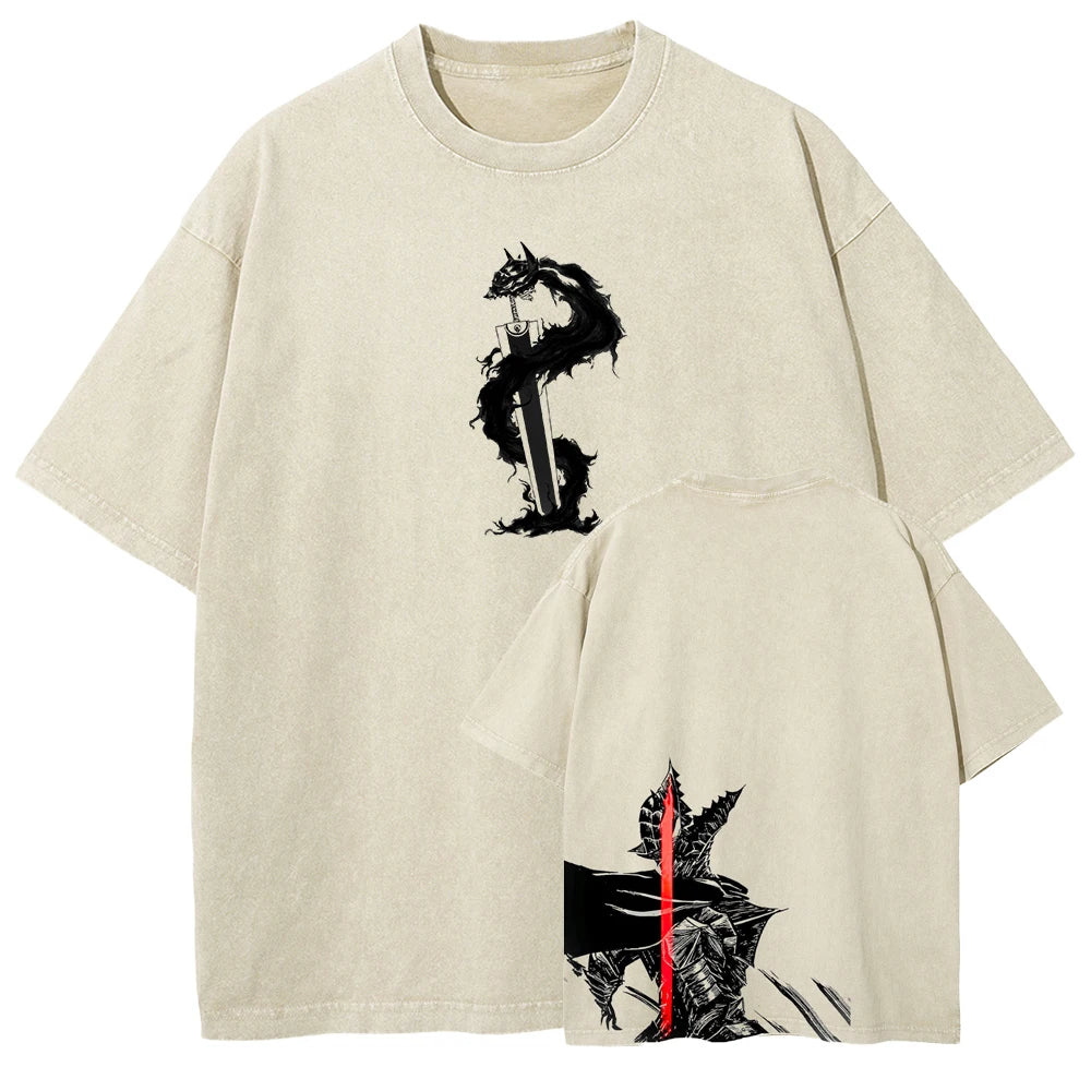 Berserk Guts T Shirt Manga Griffith Printed  T-shirt Men Unisex Clothes Street Vintage Washed Tshirt Short Sleeve Cotton Tees